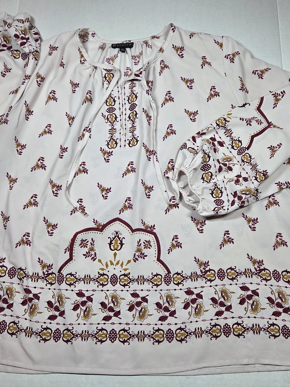 Bobeau Womens Plus 2X Floral Tie-Neck Long Sleeve Blouse Pink Burgundy